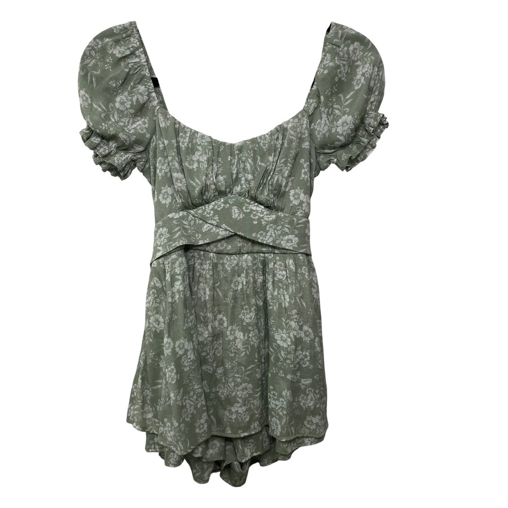 Trixxi Sage Green Floral Puff Sleeve Mini Romper XS Square Neck Tie Back Boho